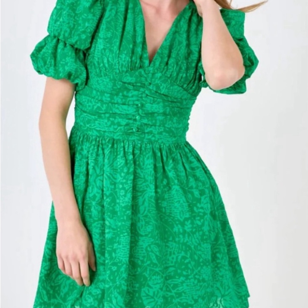 Endless Rose Green Ruched Puff Sleeve Mini Dress